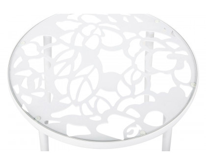 LeisureMod Devon Tree Design Glass Top Aluminum Base Outdoor End Table - White