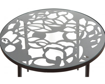 LeisureMod Devon Tree Design Glass Top Aluminum Base Indoor Outdoor Bistro Dining Table - Black