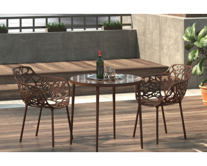 LeisureMod Devon Tree Design Glass Top Aluminum Base Indoor Outdoor Bistro Dining Table - Brown