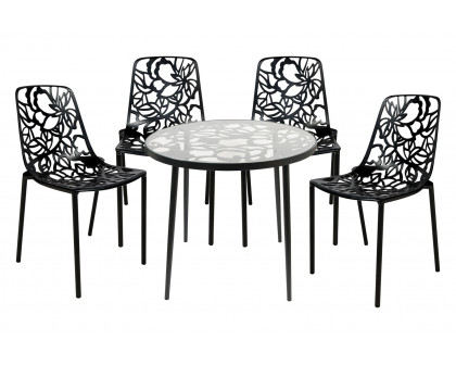 LeisureMod Devon Modern 5-Piece Aluminum Patio Dining Set with Dining Table and 4 Stackable Flower Design Chairs