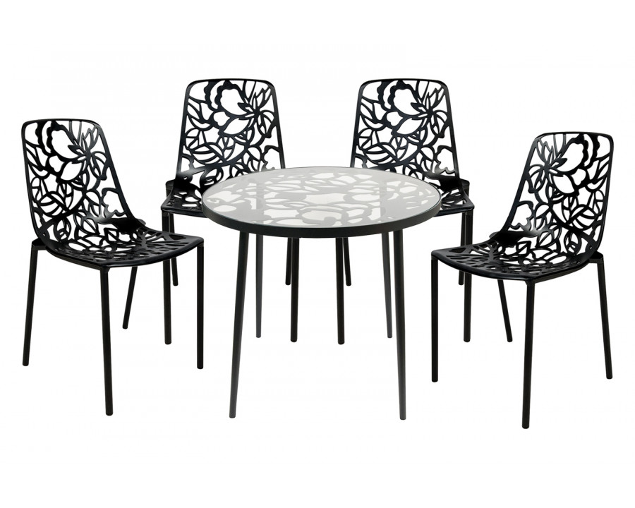 LeisureMod Devon Modern 5-Piece Aluminum Patio Dining Set with Dining Table and 4 Stackable Flower Design Chairs - Black