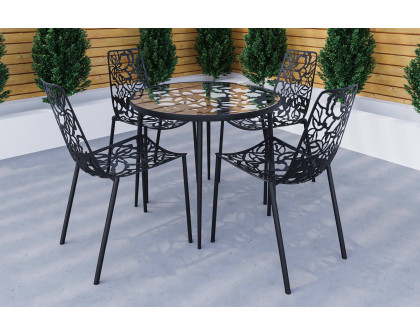 LeisureMod Devon Modern 5-Piece Aluminum Patio Dining Set with Dining Table and 4 Stackable Flower Design Chairs - Black