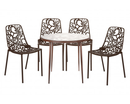 LeisureMod Devon Modern 5-Piece Aluminum Patio Dining Set with Dining Table and 4 Stackable Flower Design Chairs