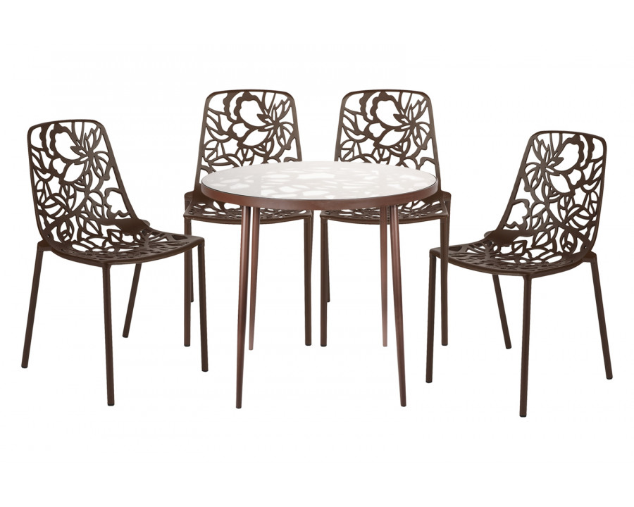 LeisureMod Devon Modern 5-Piece Aluminum Patio Dining Set with Dining Table and 4 Stackable Flower Design Chairs - Brown