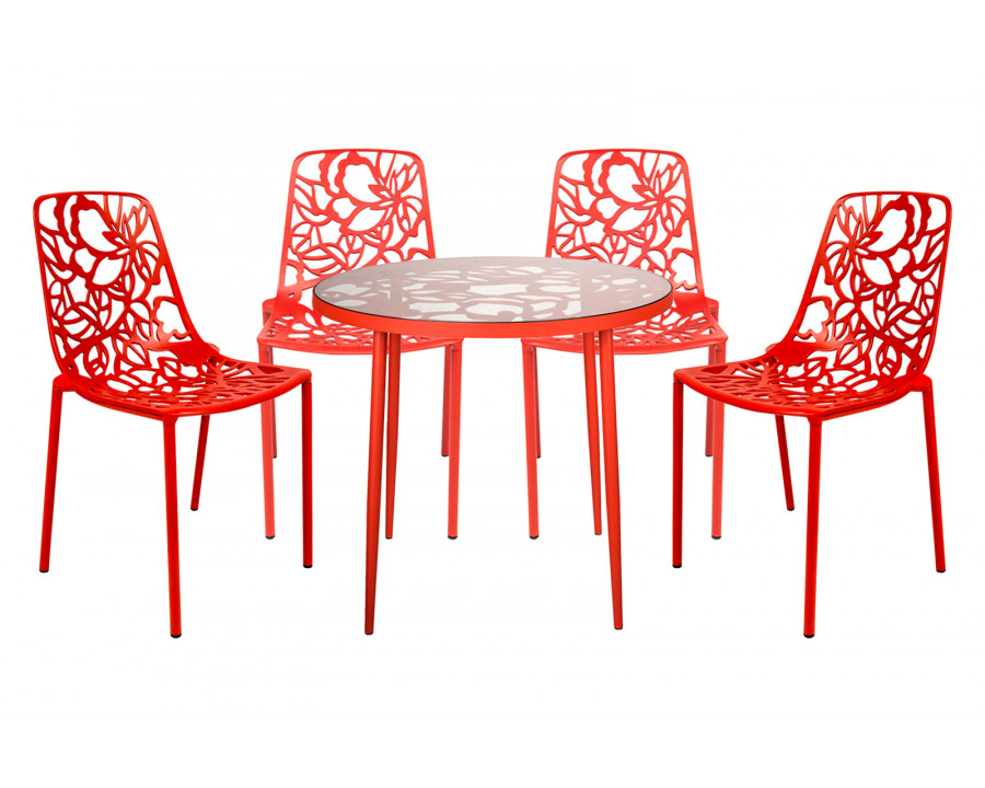 LeisureMod Devon Modern 5-Piece Aluminum Patio Dining Set with Dining Table and 4 Stackable Flower Design Chairs - Red