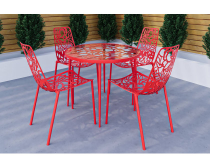 LeisureMod Devon Modern 5-Piece Aluminum Patio Dining Set with Dining Table and 4 Stackable Flower Design Chairs - Red