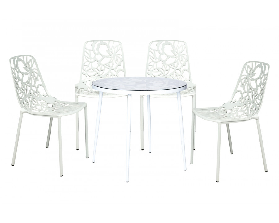 LeisureMod Devon Modern 5-Piece Aluminum Patio Dining Set with Dining Table and 4 Stackable Flower Design Chairs