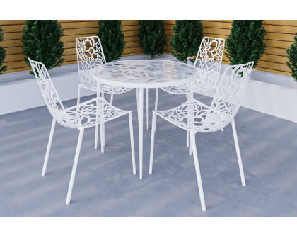 LeisureMod Devon Modern 5-Piece Aluminum Patio Dining Set with Dining Table and 4 Stackable Flower Design Chairs