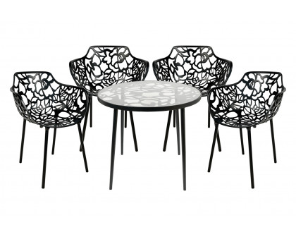 LeisureMod Devon Modern 5-Piece Aluminum Outdoor Dining Set with Dining Table and 4 Stackable Flower Design Armchairs