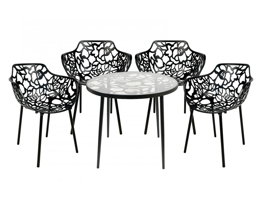 LeisureMod Devon Modern 5-Piece Aluminum Outdoor Dining Set with Dining Table and 4 Stackable Flower Design Armchairs - Black