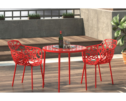 LeisureMod Devon Tree Design Glass Top Aluminum Base Indoor Outdoor Bistro Dining Table - Red