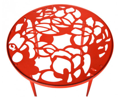 LeisureMod Devon Tree Design Glass Top Aluminum Base Indoor Outdoor Bistro Dining Table - Red