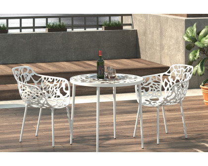 LeisureMod Devon Tree Design Glass Top Aluminum Base Indoor Outdoor Bistro Dining Table - White