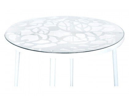 LeisureMod Devon Tree Design Glass Top Aluminum Base Indoor Outdoor Bistro Dining Table - White