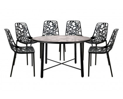 LeisureMod Devon Modern 7-Piece Aluminum Outdoor Dining Set with Dining Table and 6 Stackable Flower Design Chairs