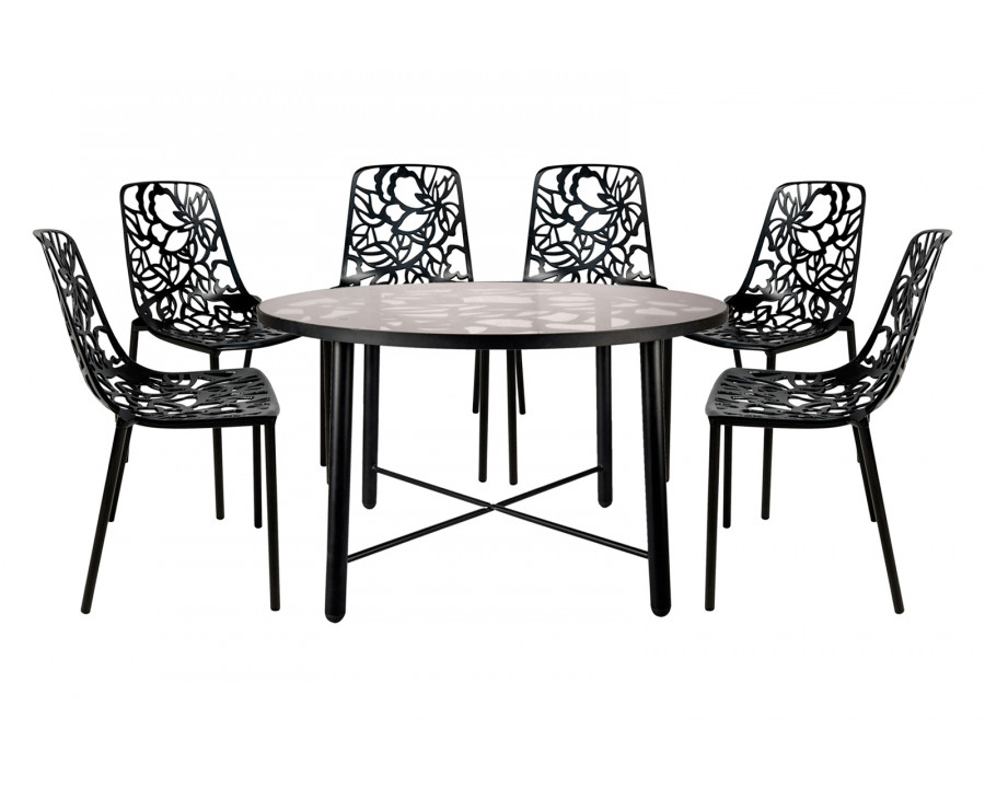 LeisureMod Devon Modern 7-Piece Aluminum Outdoor Dining Set with Dining Table and 6 Stackable Flower Design Chairs - Black