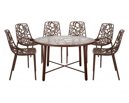 LeisureMod Devon Modern 7-Piece Aluminum Outdoor Dining Set with Dining Table and 6 Stackable Flower Design Chairs