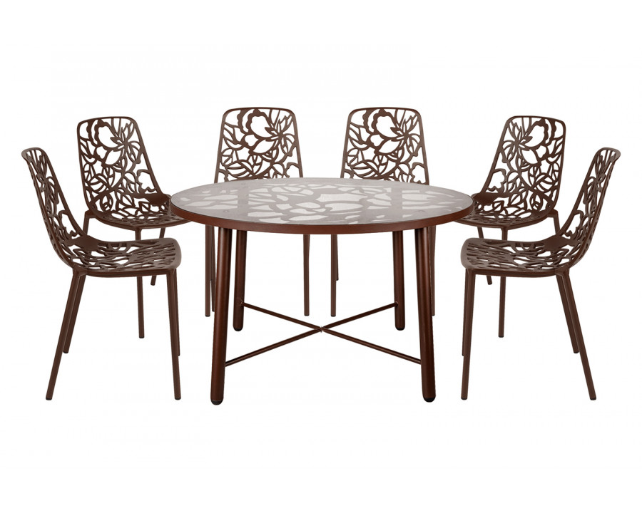 LeisureMod Devon Modern 7-Piece Aluminum Outdoor Dining Set with Dining Table and 6 Stackable Flower Design Chairs - Brown