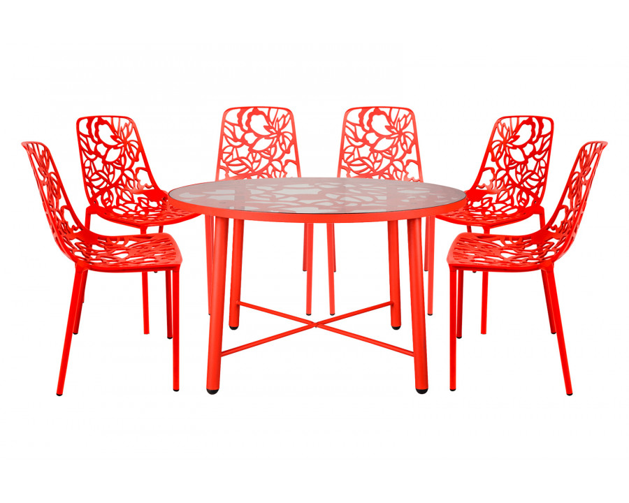 LeisureMod Devon Modern 7-Piece Aluminum Outdoor Dining Set with Dining Table and 6 Stackable Flower Design Chairs - Red