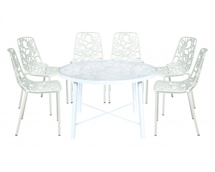 LeisureMod Devon Modern 7-Piece Aluminum Outdoor Dining Set with Dining Table and 6 Stackable Flower Design Chairs