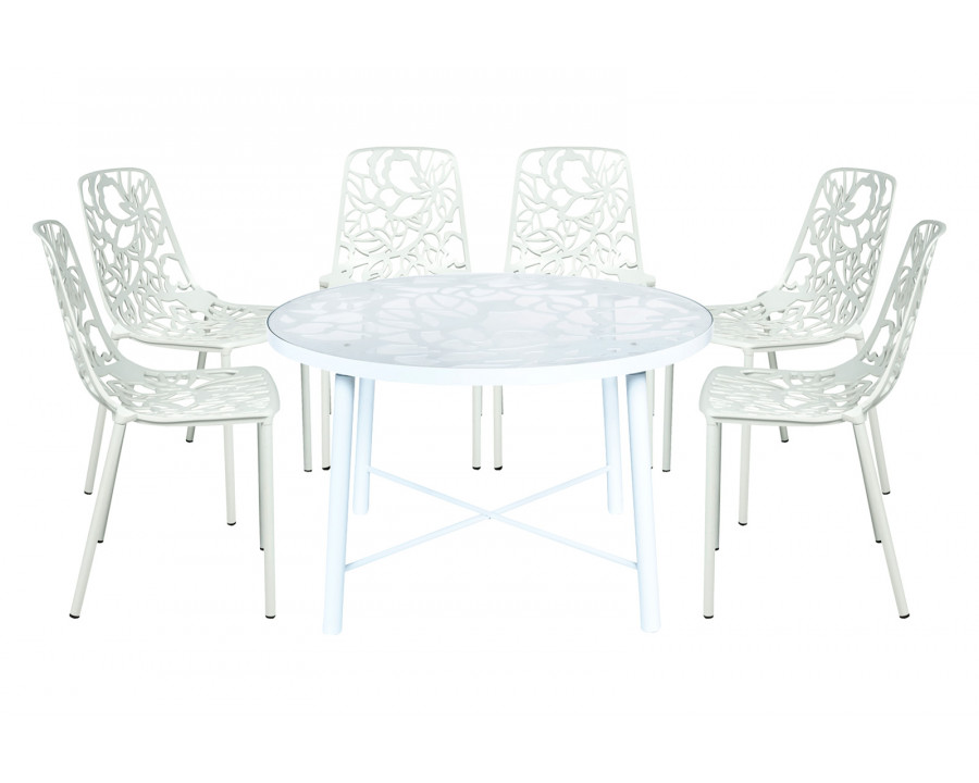 LeisureMod Devon Modern 7-Piece Aluminum Outdoor Dining Set with Dining Table and 6 Stackable Flower Design Chairs - White