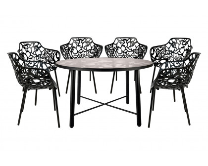 LeisureMod Devon Modern 7-Piece Aluminum Outdoor Dining Set with Dining Table and 6 Stackable Flower Design Armchairs