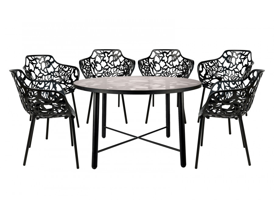 LeisureMod Devon Modern 7-Piece Aluminum Outdoor Dining Set with Dining Table and 6 Stackable Flower Design Armchairs - Black