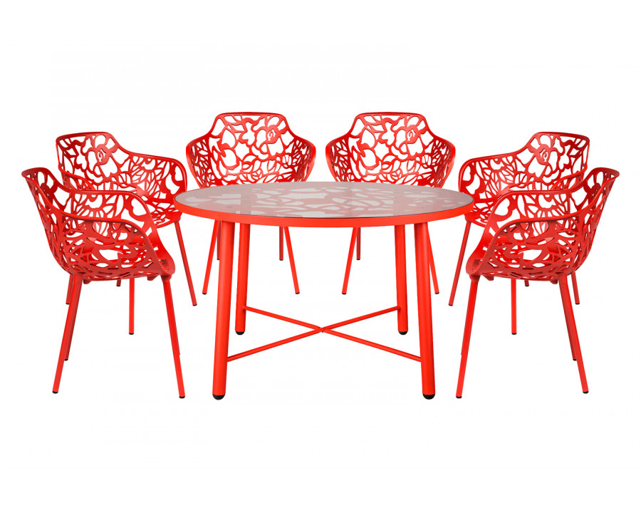 LeisureMod Devon Modern 7-Piece Aluminum Outdoor Dining Set with Dining Table and 6 Stackable Flower Design Armchairs - Red