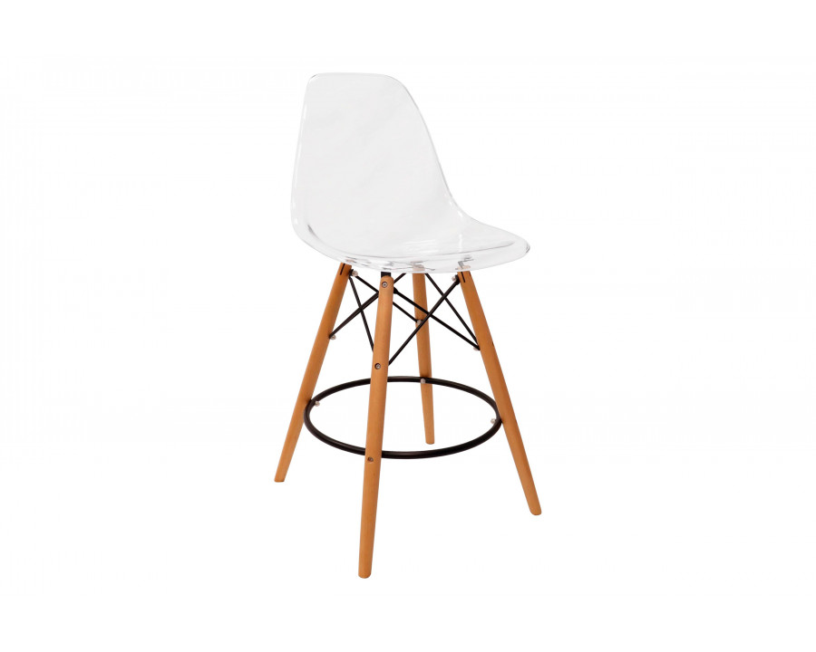 LeisureMod - Dover Mid-Century Modern Plastic Barstool with Beech Wood Legs and Footrest in Clear