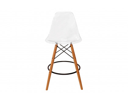 LeisureMod - Dover Mid-Century Modern Plastic Barstool with Beech Wood Legs and Footrest in Clear