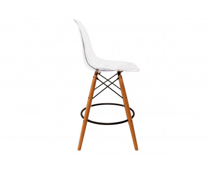 LeisureMod - Dover Mid-Century Modern Plastic Barstool with Beech Wood Legs and Footrest in Clear