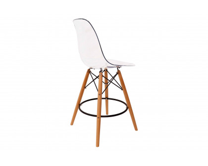 LeisureMod - Dover Mid-Century Modern Plastic Barstool with Beech Wood Legs and Footrest in Clear