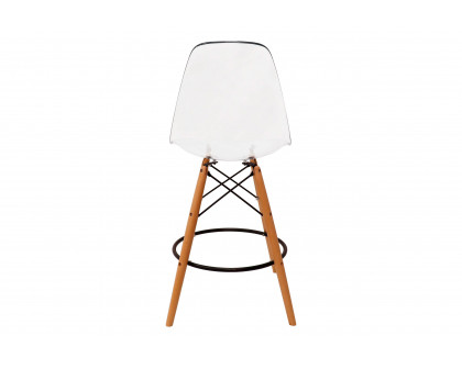 LeisureMod - Dover Mid-Century Modern Plastic Barstool with Beech Wood Legs and Footrest in Clear