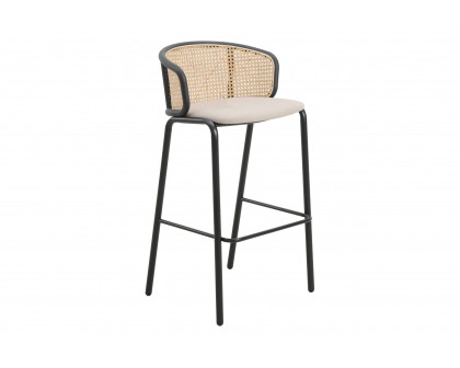 LeisureMod Ervilla Mid-Century Modern Wicker Bar Stool with Fabric Seat and Black Powder Coated Steel Frame