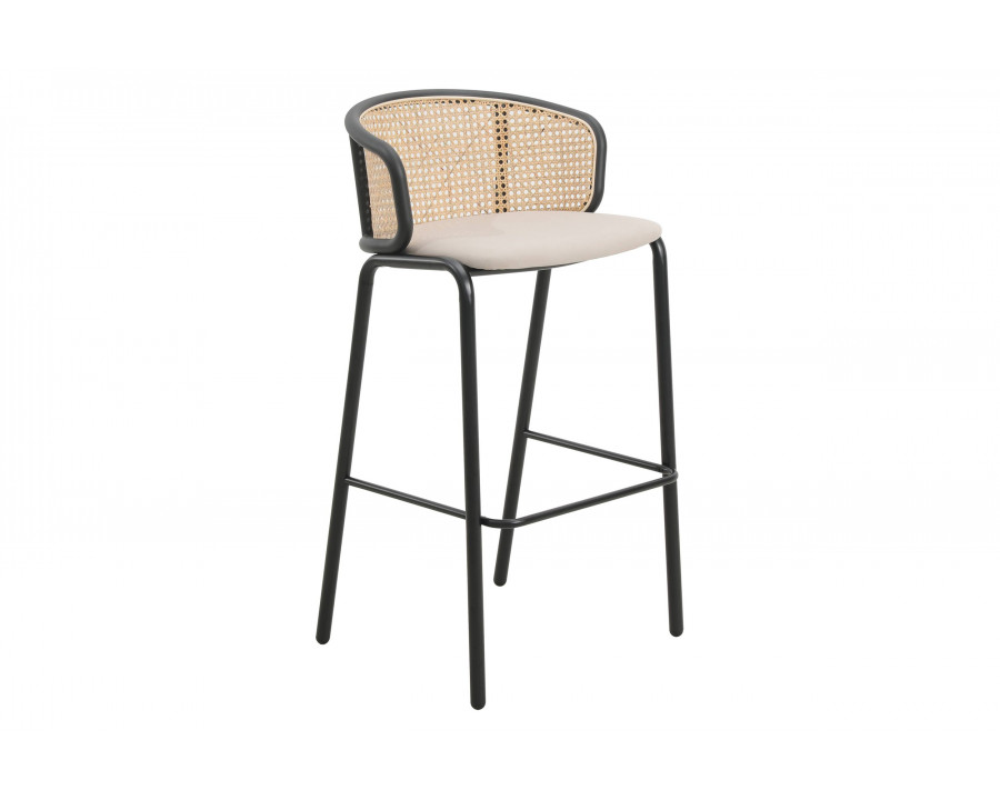 LeisureMod Ervilla Mid-Century Modern Wicker Bar Stool with Fabric Seat and Black Powder Coated Steel Frame - Beige