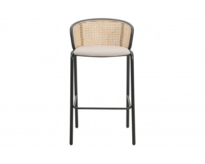 LeisureMod Ervilla Mid-Century Modern Wicker Bar Stool with Fabric Seat and Black Powder Coated Steel Frame - Beige