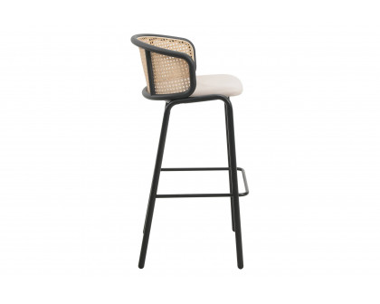 LeisureMod Ervilla Mid-Century Modern Wicker Bar Stool with Fabric Seat and Black Powder Coated Steel Frame - Beige