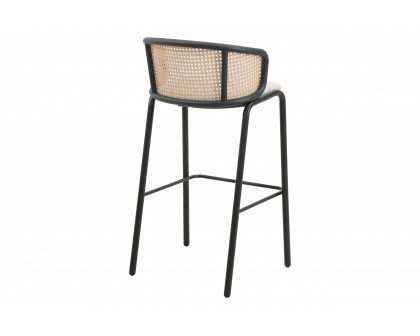 LeisureMod Ervilla Mid-Century Modern Wicker Bar Stool with Fabric Seat and Black Powder Coated Steel Frame - Beige