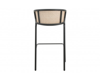 LeisureMod Ervilla Mid-Century Modern Wicker Bar Stool with Fabric Seat and Black Powder Coated Steel Frame - Beige