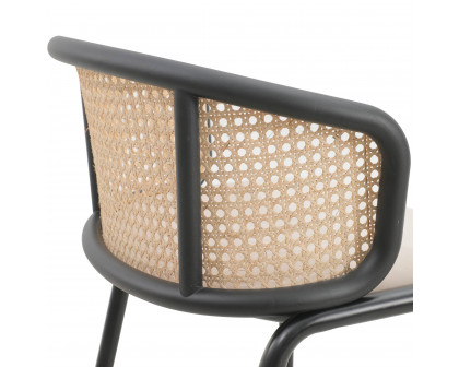 LeisureMod Ervilla Mid-Century Modern Wicker Bar Stool with Fabric Seat and Black Powder Coated Steel Frame - Beige