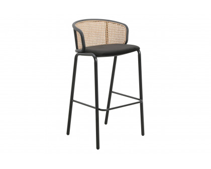 LeisureMod Ervilla Mid-Century Modern Wicker Bar Stool with Fabric Seat and Black Powder Coated Steel Frame