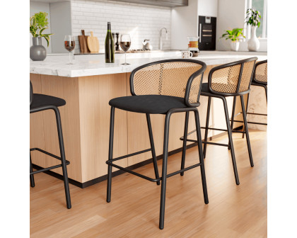 LeisureMod Ervilla Mid-Century Modern Wicker Bar Stool with Fabric Seat and Black Powder Coated Steel Frame - Black