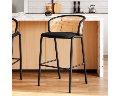 LeisureMod Ervilla Mid-Century Modern Wicker Bar Stool with Fabric Seat and Black Powder Coated Steel Frame - Black