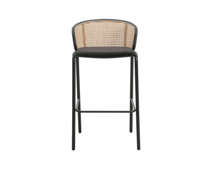 LeisureMod Ervilla Mid-Century Modern Wicker Bar Stool with Fabric Seat and Black Powder Coated Steel Frame - Black