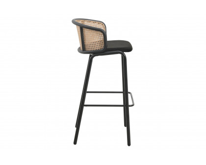 LeisureMod Ervilla Mid-Century Modern Wicker Bar Stool with Fabric Seat and Black Powder Coated Steel Frame - Black