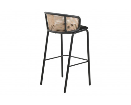 LeisureMod Ervilla Mid-Century Modern Wicker Bar Stool with Fabric Seat and Black Powder Coated Steel Frame - Black