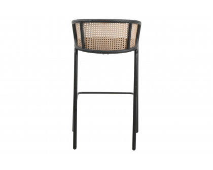 LeisureMod Ervilla Mid-Century Modern Wicker Bar Stool with Fabric Seat and Black Powder Coated Steel Frame - Black