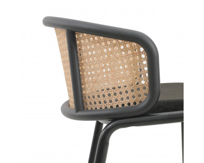 LeisureMod Ervilla Mid-Century Modern Wicker Bar Stool with Fabric Seat and Black Powder Coated Steel Frame - Black