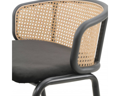 LeisureMod Ervilla Mid-Century Modern Wicker Bar Stool with Fabric Seat and Black Powder Coated Steel Frame - Black