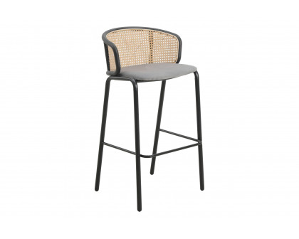 LeisureMod Ervilla Mid-Century Modern Wicker Bar Stool with Fabric Seat and Black Powder Coated Steel Frame